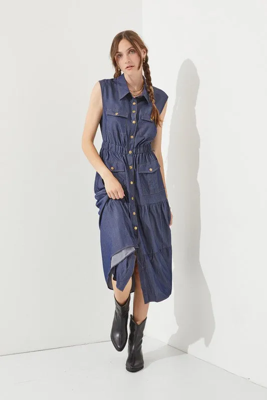 TEEK - PLUS SLEEVELESS BUTTON DOWN DENIM DRESS