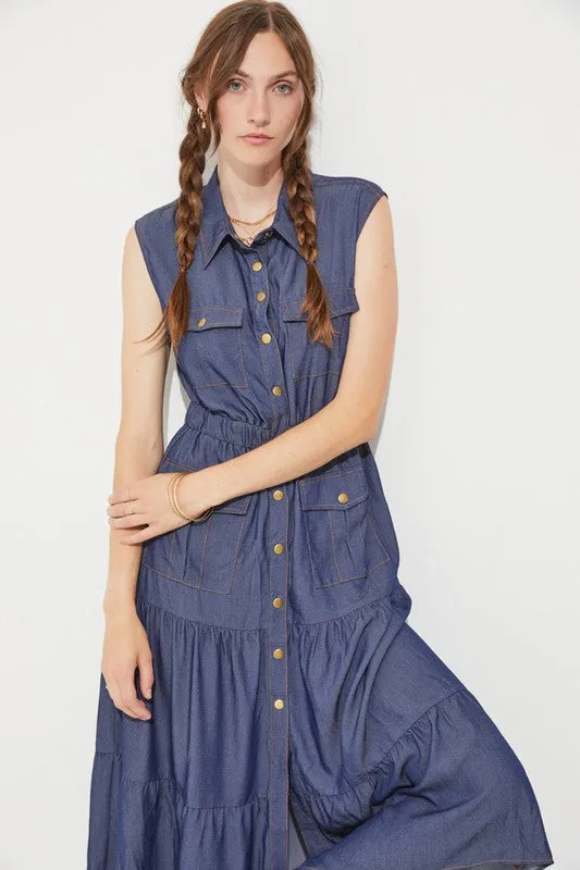 TEEK - PLUS SLEEVELESS BUTTON DOWN DENIM DRESS