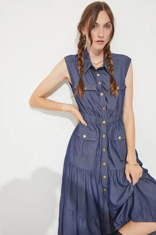 TEEK - PLUS SLEEVELESS BUTTON DOWN DENIM DRESS