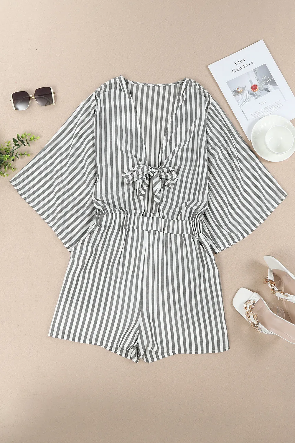 TEEK - Tied Striped Three-Quarter Sleeve Romper