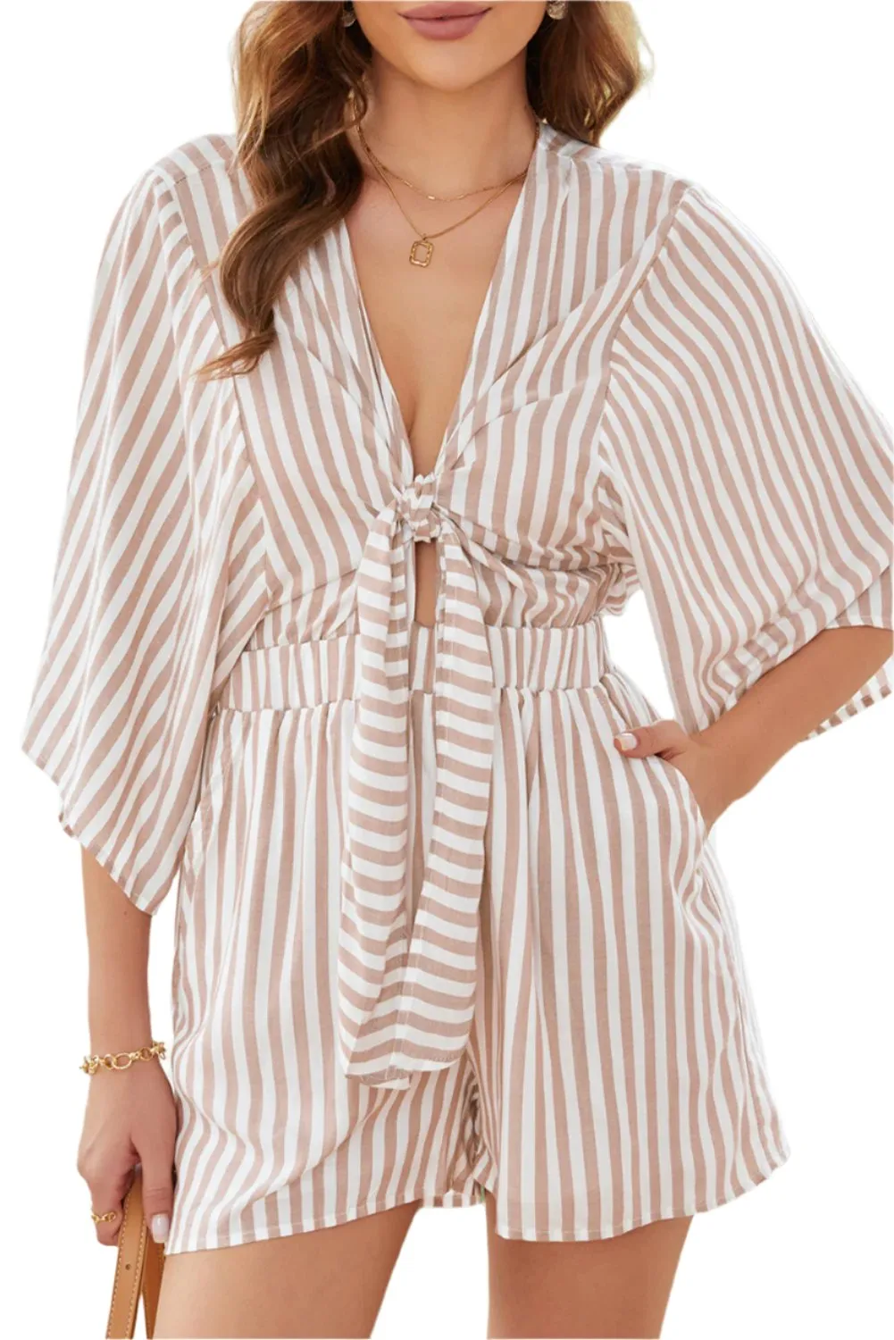 TEEK - Tied Striped Three-Quarter Sleeve Romper