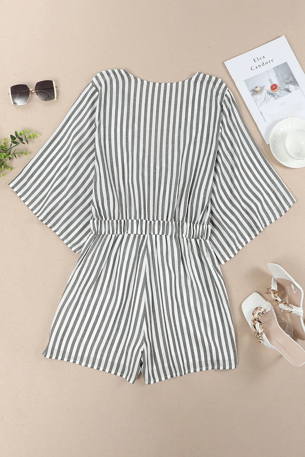 TEEK - Tied Striped Three-Quarter Sleeve Romper