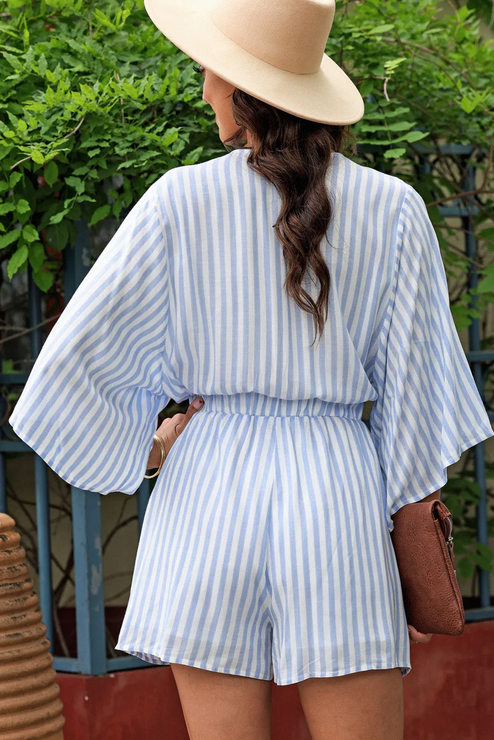 TEEK - Tied Striped Three-Quarter Sleeve Romper