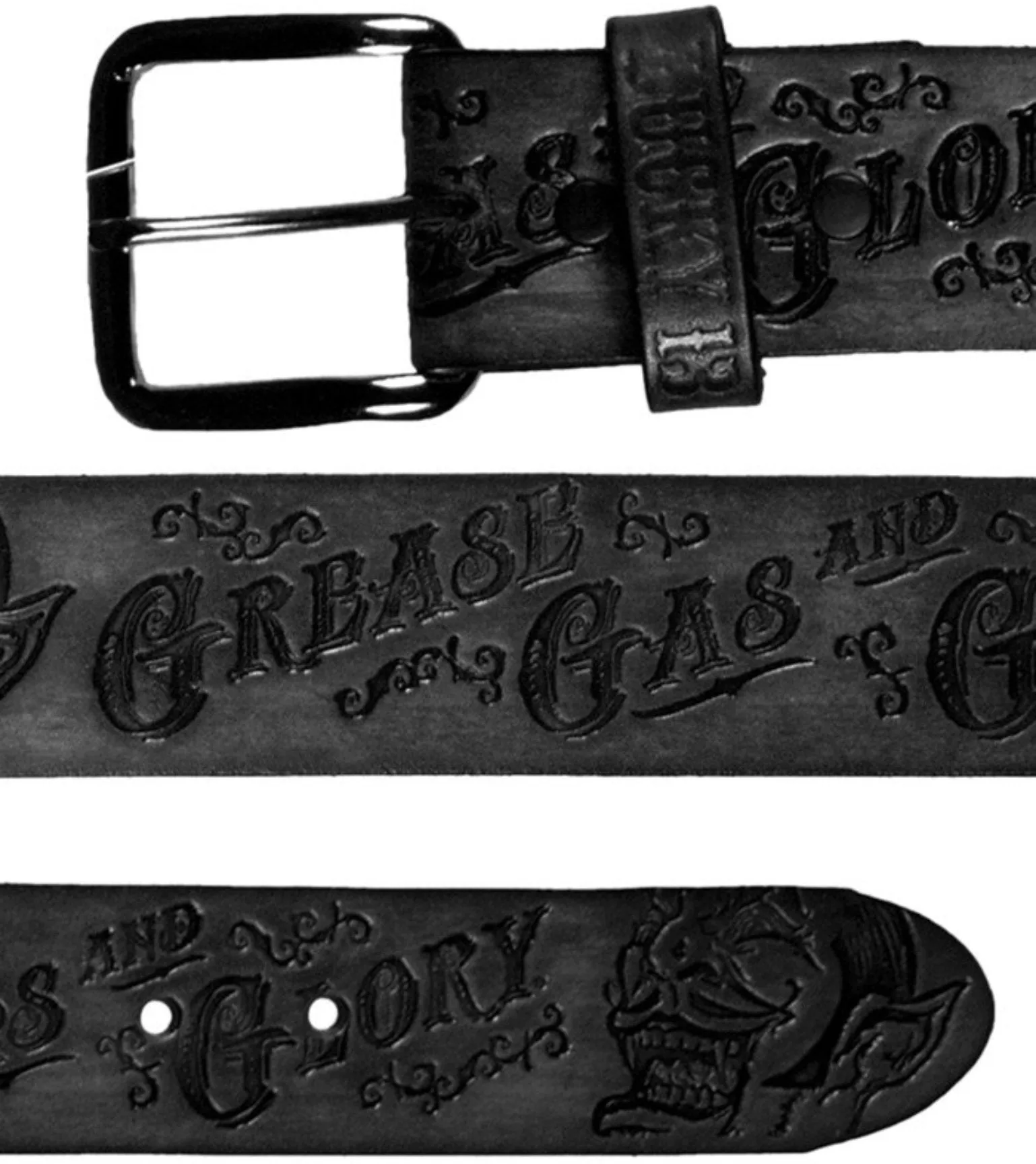 The GREASE, GAS & GLORY Embossed Leather Belt - BLACK