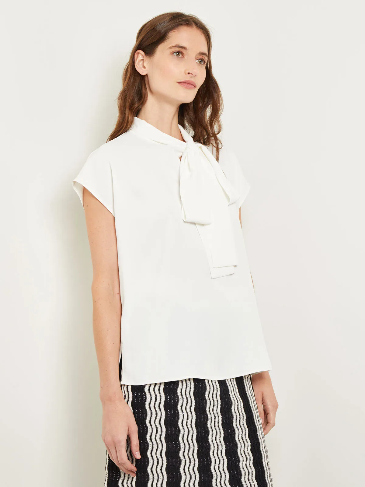 Tie-Neck Blouse - Cap Sleeve Crepe de Chine