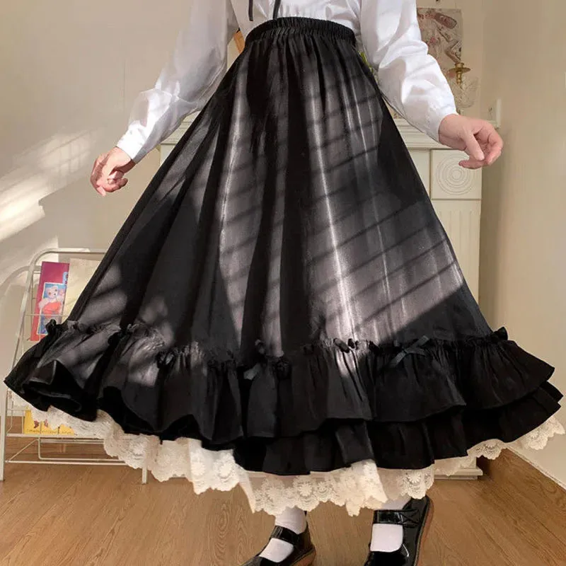 Toleet-Japanese ruffles pleated skirt woman sweet high waist loose Ankle-length skirts women college style black patchwork A-line skirt