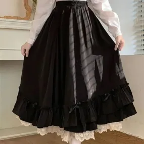 Toleet-Japanese ruffles pleated skirt woman sweet high waist loose Ankle-length skirts women college style black patchwork A-line skirt