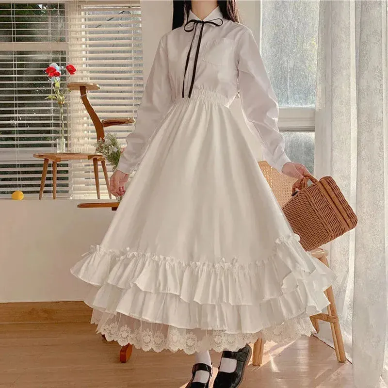 Toleet-Japanese ruffles pleated skirt woman sweet high waist loose Ankle-length skirts women college style black patchwork A-line skirt