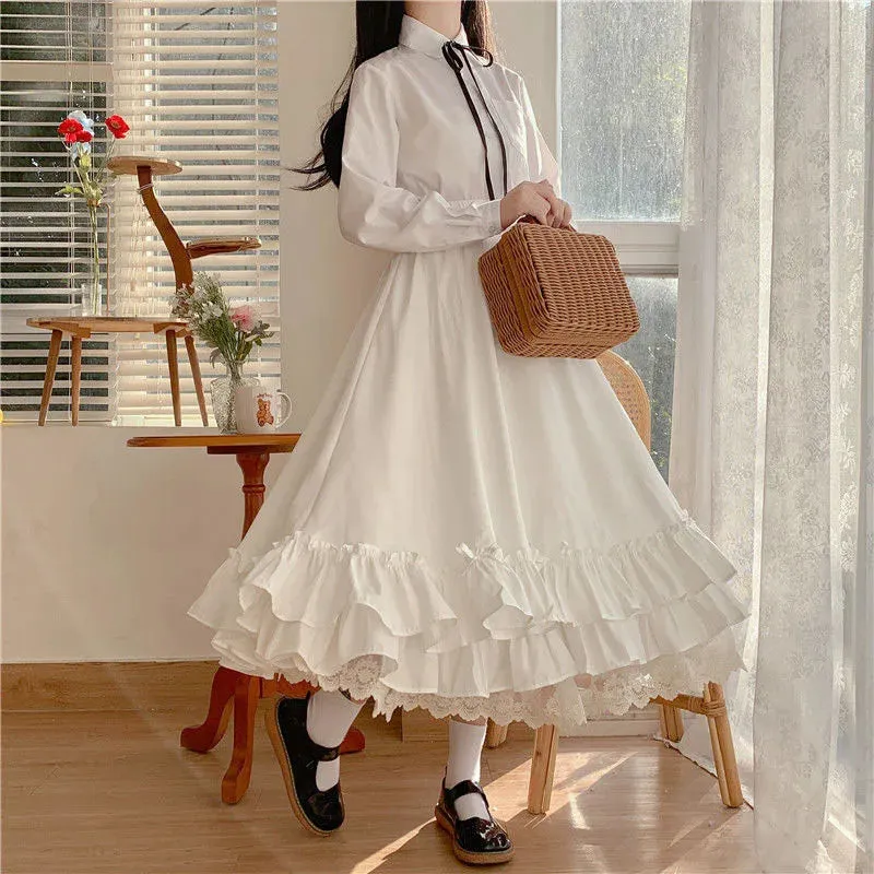 Toleet-Japanese ruffles pleated skirt woman sweet high waist loose Ankle-length skirts women college style black patchwork A-line skirt