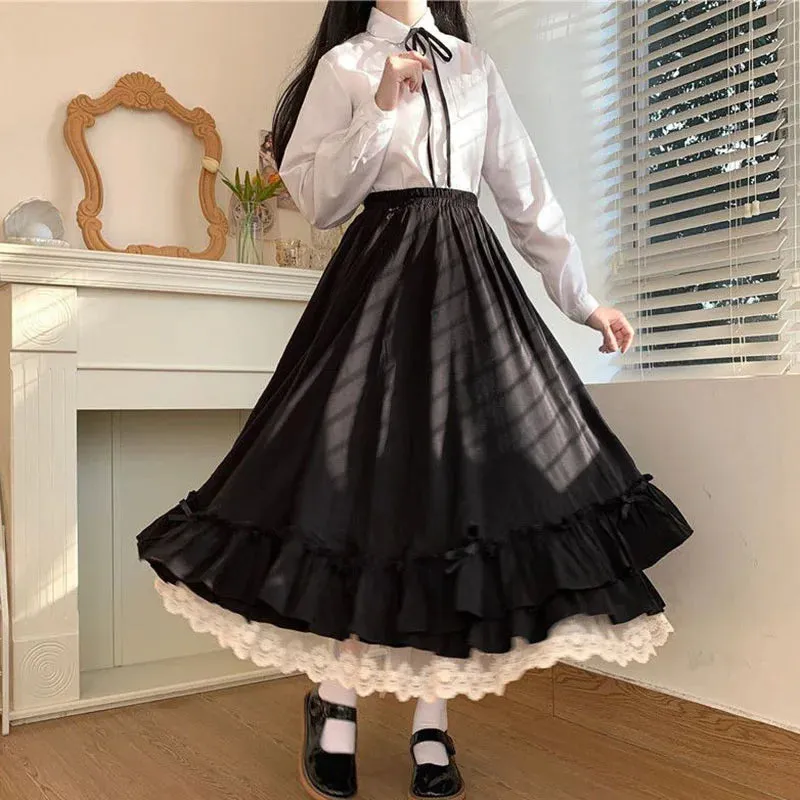 Toleet-Japanese ruffles pleated skirt woman sweet high waist loose Ankle-length skirts women college style black patchwork A-line skirt