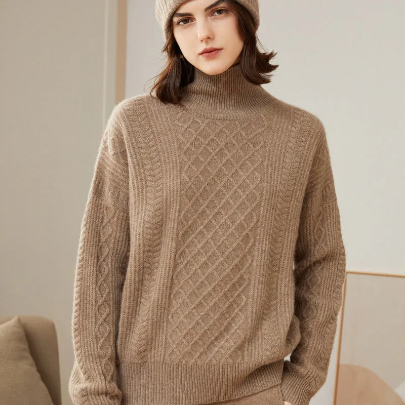 Turtleneck Loose Pullover Cable Pattern Slimming Wool Knitted  Bottoming Cashmere Sweater