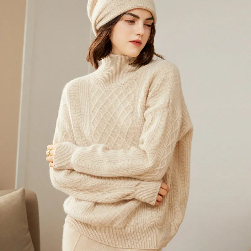 Turtleneck Loose Pullover Cable Pattern Slimming Wool Knitted  Bottoming Cashmere Sweater