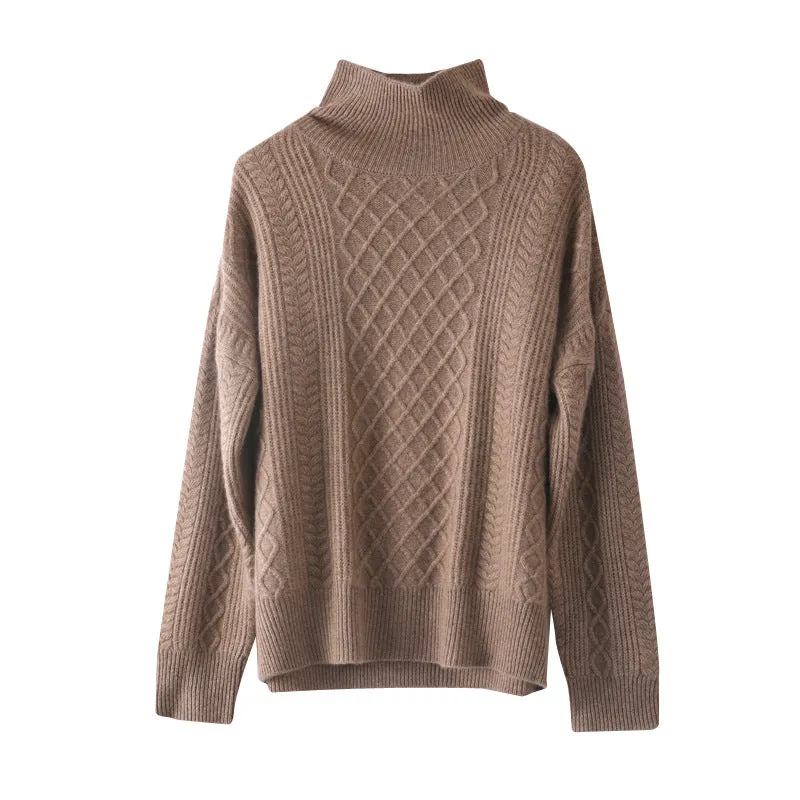 Turtleneck Loose Pullover Cable Pattern Slimming Wool Knitted  Bottoming Cashmere Sweater