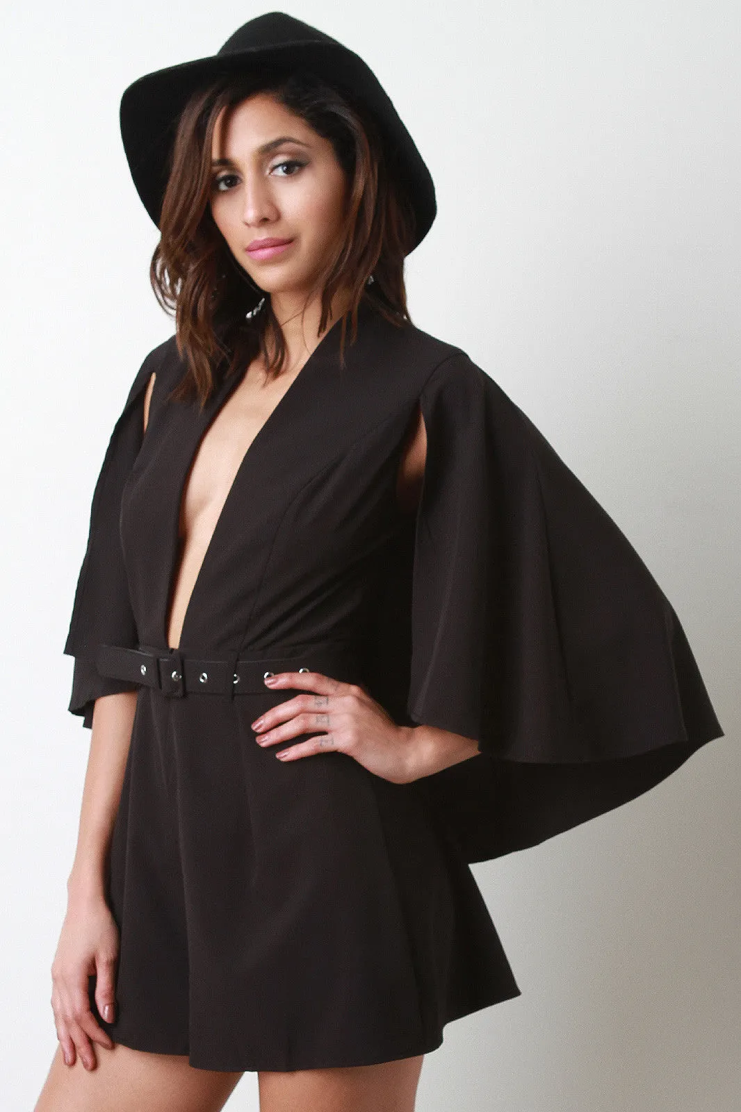 V-Neck Belted Cape Romper