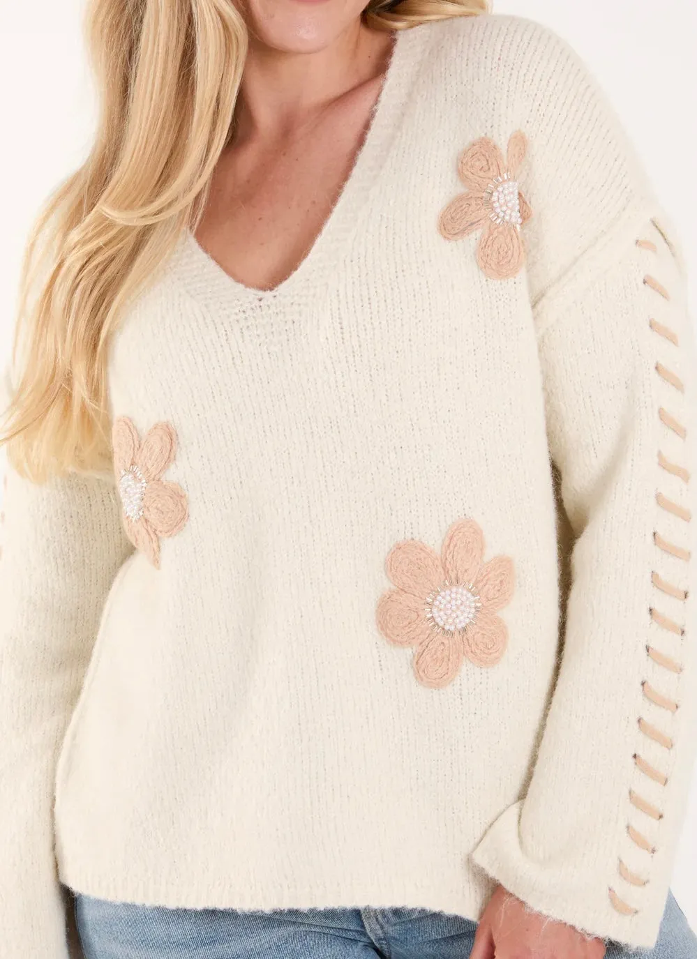 V-Neck Blanket Stitch Sleeve Flower Design Jumper (2 Colours)