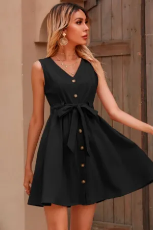 V Neck Button Down Tie Dress