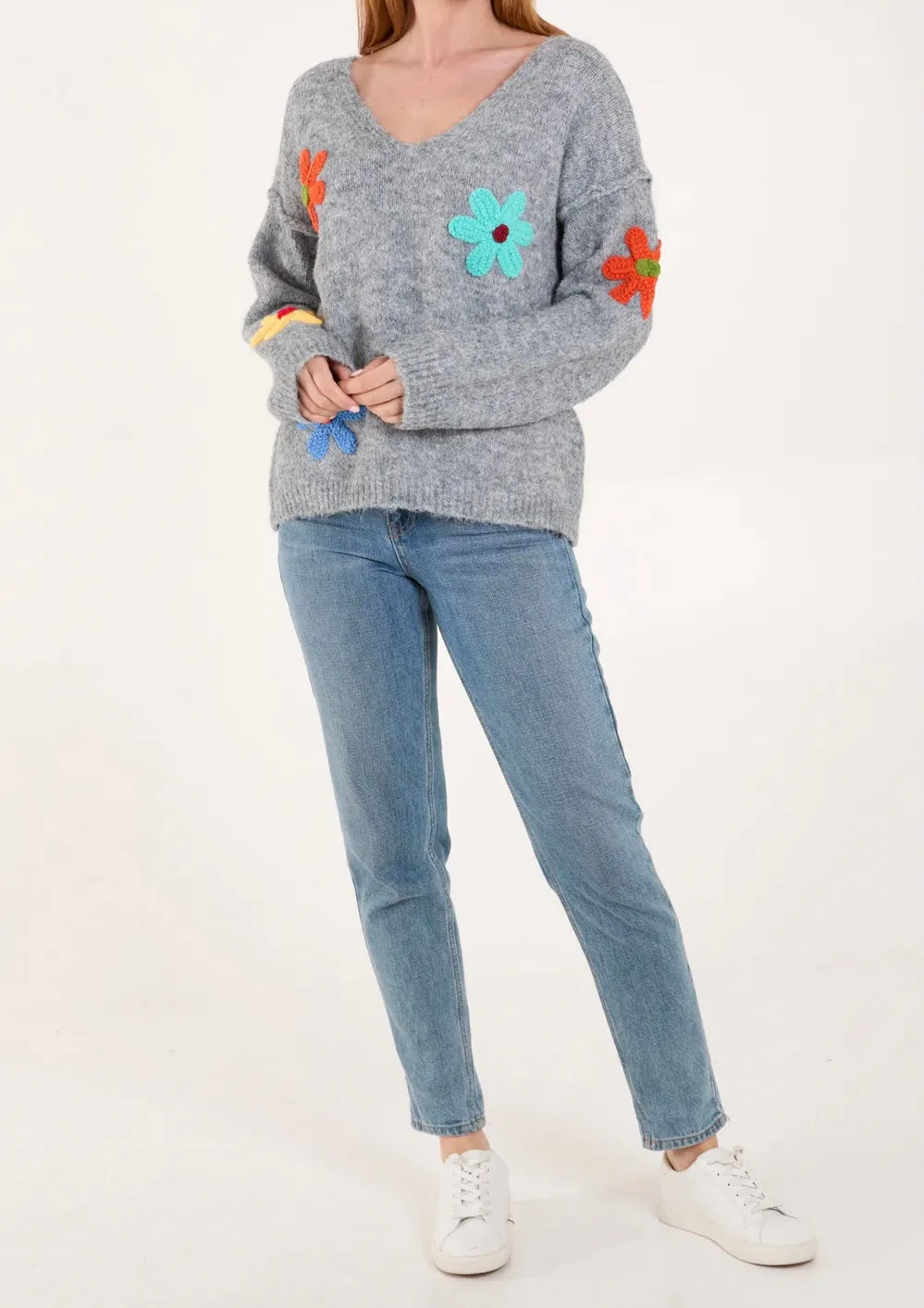 V-Neck Knitted Colourful Flowers Print Jumper (2 Colours)