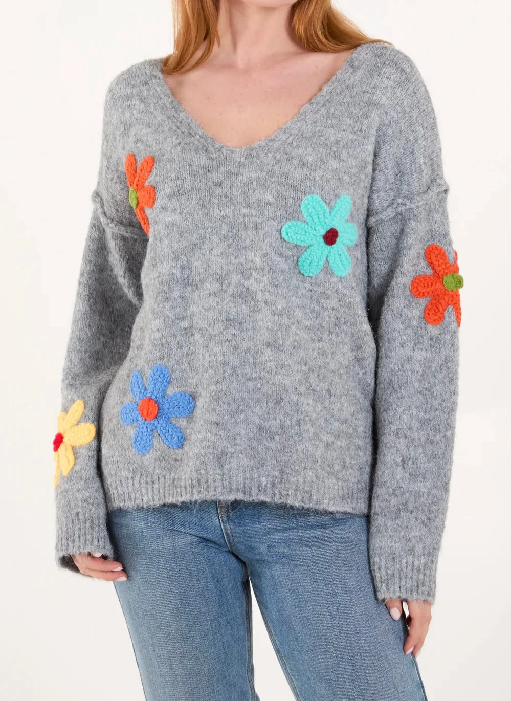 V-Neck Knitted Colourful Flowers Print Jumper (2 Colours)