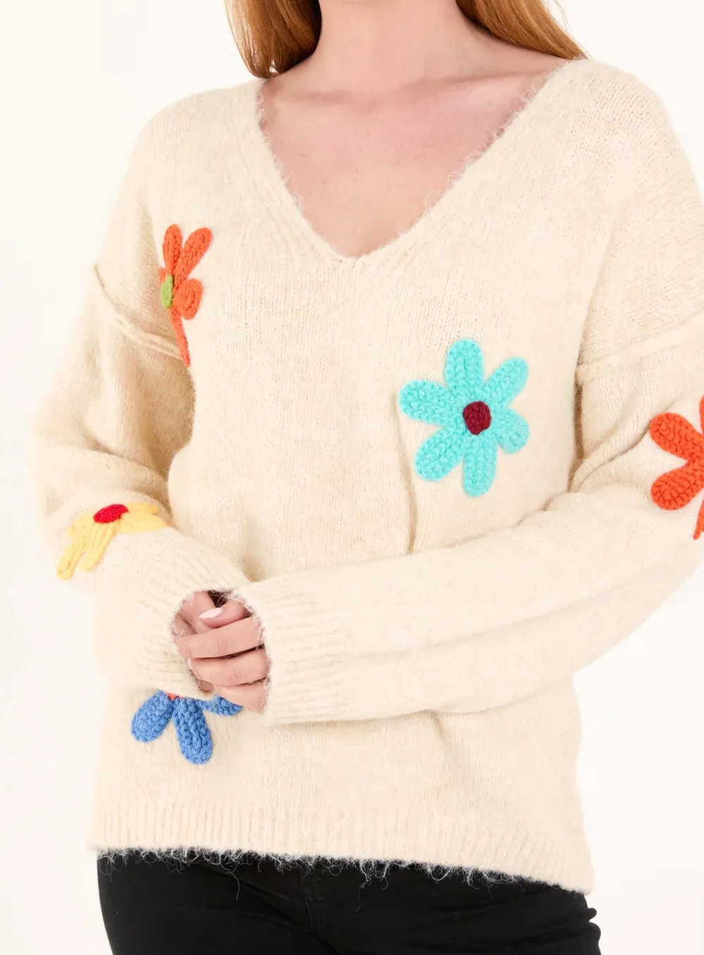 V-Neck Knitted Colourful Flowers Print Jumper (2 Colours)