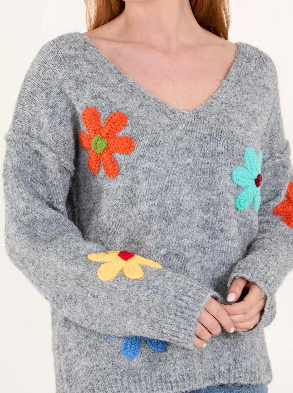 V-Neck Knitted Colourful Flowers Print Jumper (2 Colours)