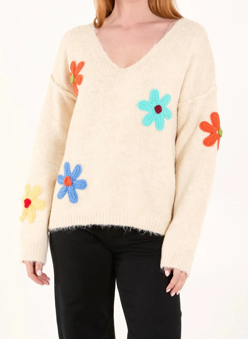 V-Neck Knitted Colourful Flowers Print Jumper (2 Colours)