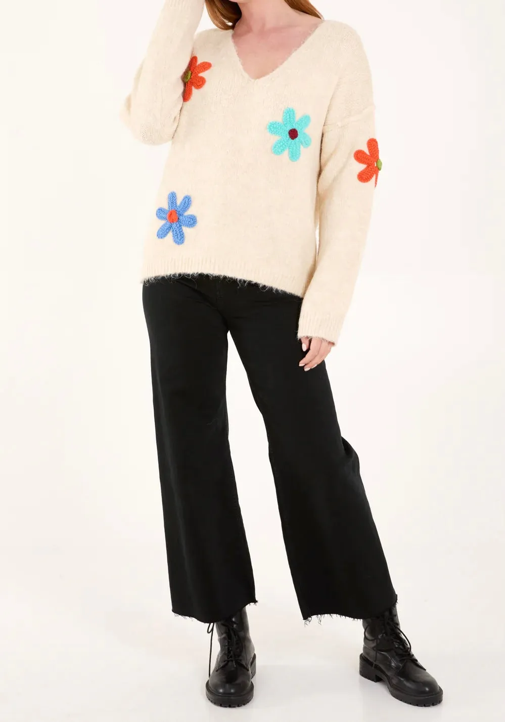 V-Neck Knitted Colourful Flowers Print Jumper (2 Colours)