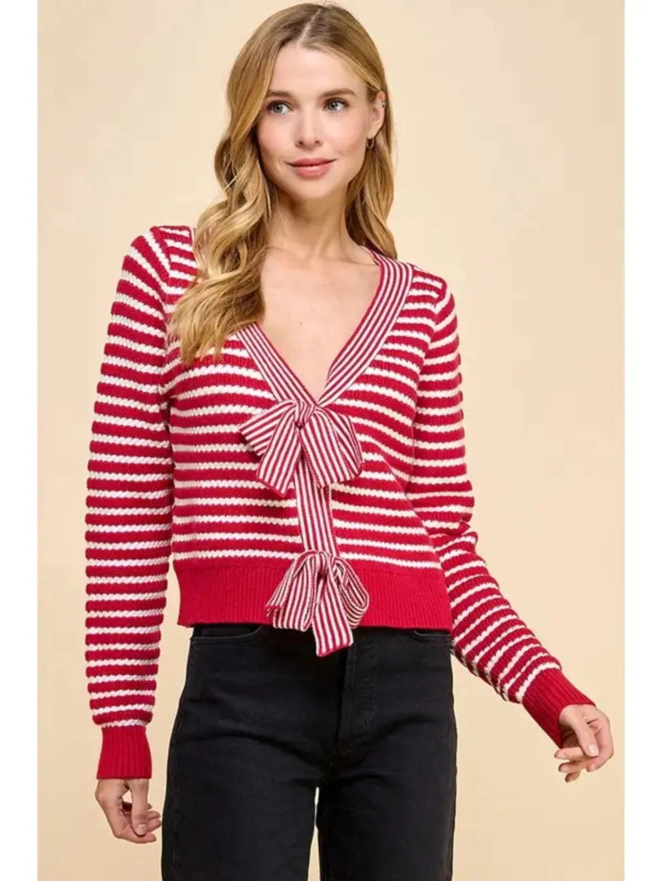 V-Neckline Front Bow Detail Striped Sweater