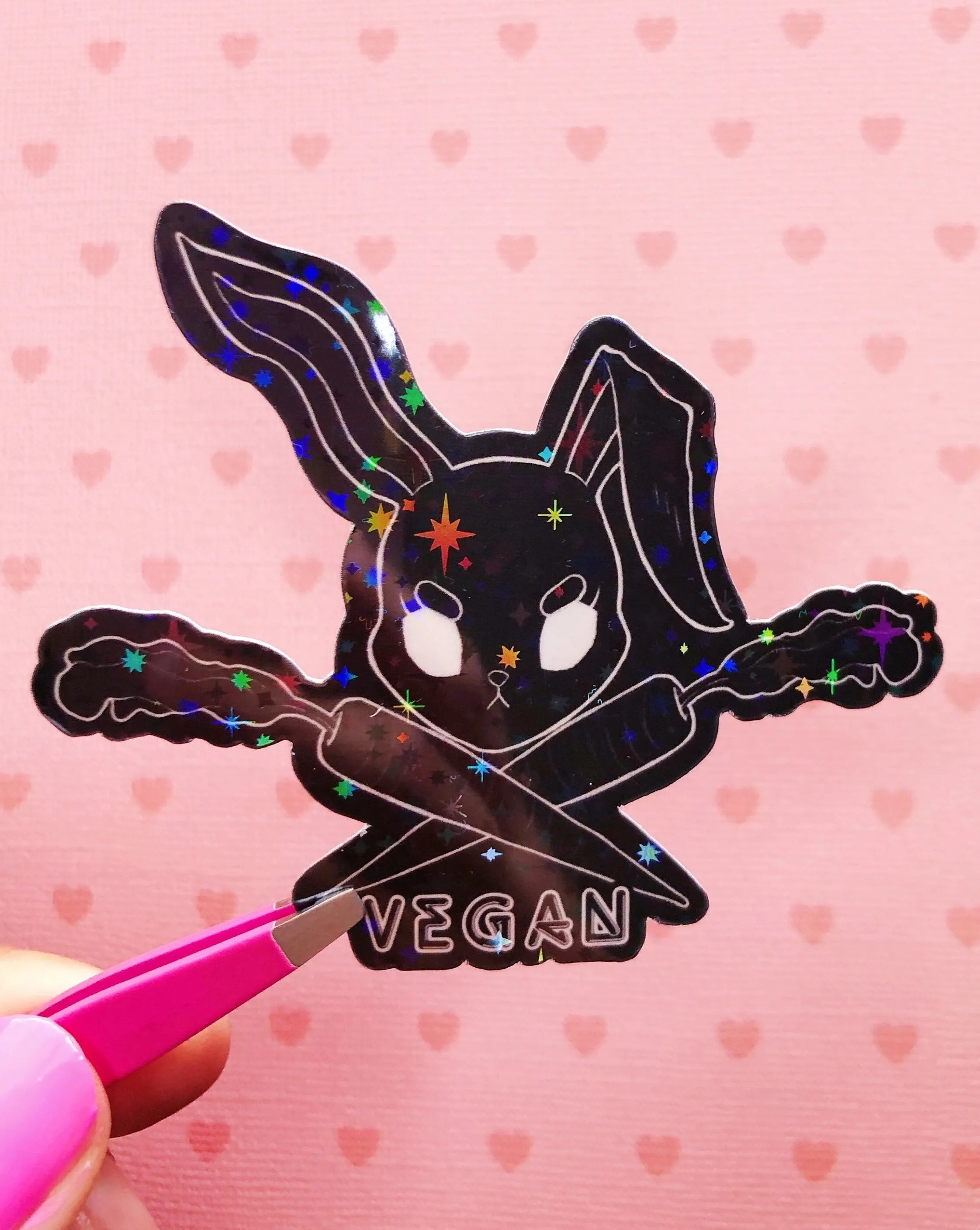 Vegan bunny holographic vinyl sticker