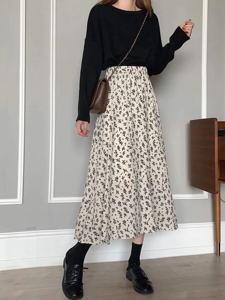 Vintage Floral A-line Pleated Drawstring Elastic Waist Midi Skirt