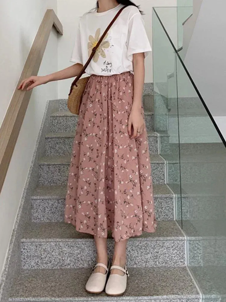 Vintage Floral A-line Pleated Drawstring Elastic Waist Midi Skirt