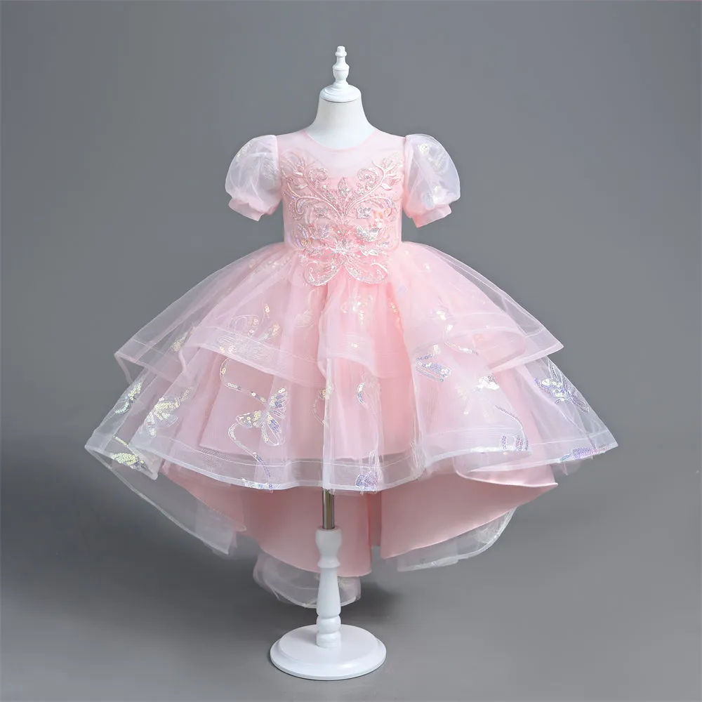 VT6006 Yoliyolei Girl Princess Dress With Trailing Saprkling Sequined Puff Sleeves Kids Part Ball Gown