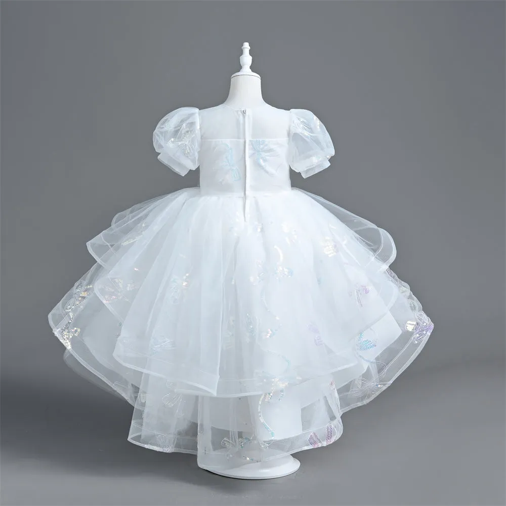 VT6006 Yoliyolei Girl Princess Dress With Trailing Saprkling Sequined Puff Sleeves Kids Part Ball Gown