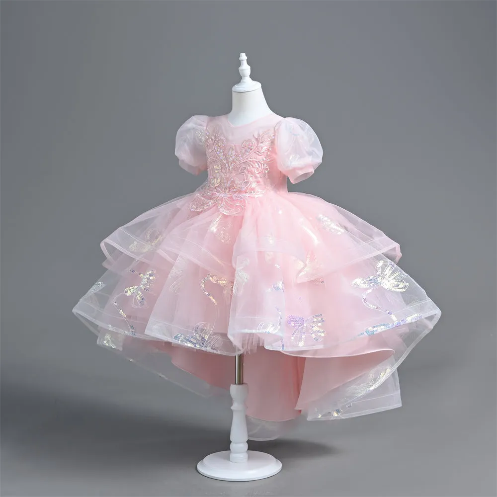 VT6006 Yoliyolei Girl Princess Dress With Trailing Saprkling Sequined Puff Sleeves Kids Part Ball Gown