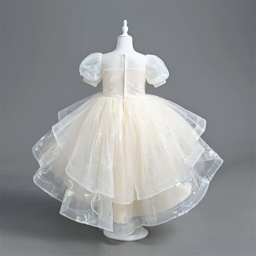 VT6006 Yoliyolei Girl Princess Dress With Trailing Saprkling Sequined Puff Sleeves Kids Part Ball Gown