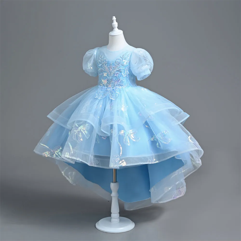 VT6006 Yoliyolei Girl Princess Dress With Trailing Saprkling Sequined Puff Sleeves Kids Part Ball Gown