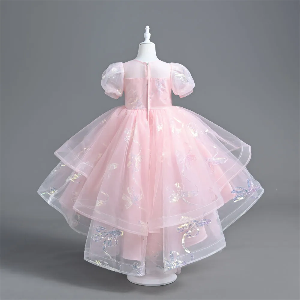 VT6006 Yoliyolei Girl Princess Dress With Trailing Saprkling Sequined Puff Sleeves Kids Part Ball Gown