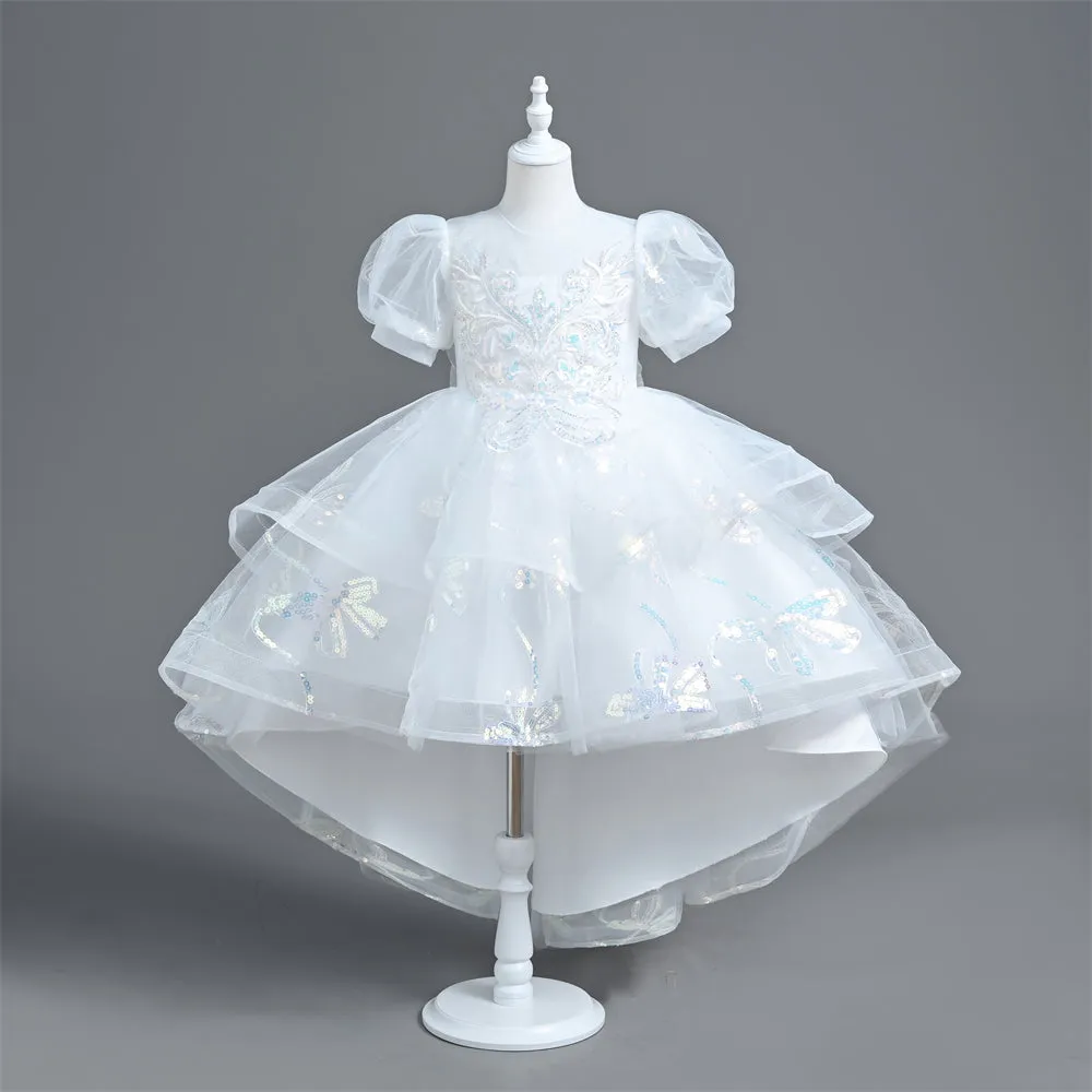 VT6006 Yoliyolei Girl Princess Dress With Trailing Saprkling Sequined Puff Sleeves Kids Part Ball Gown