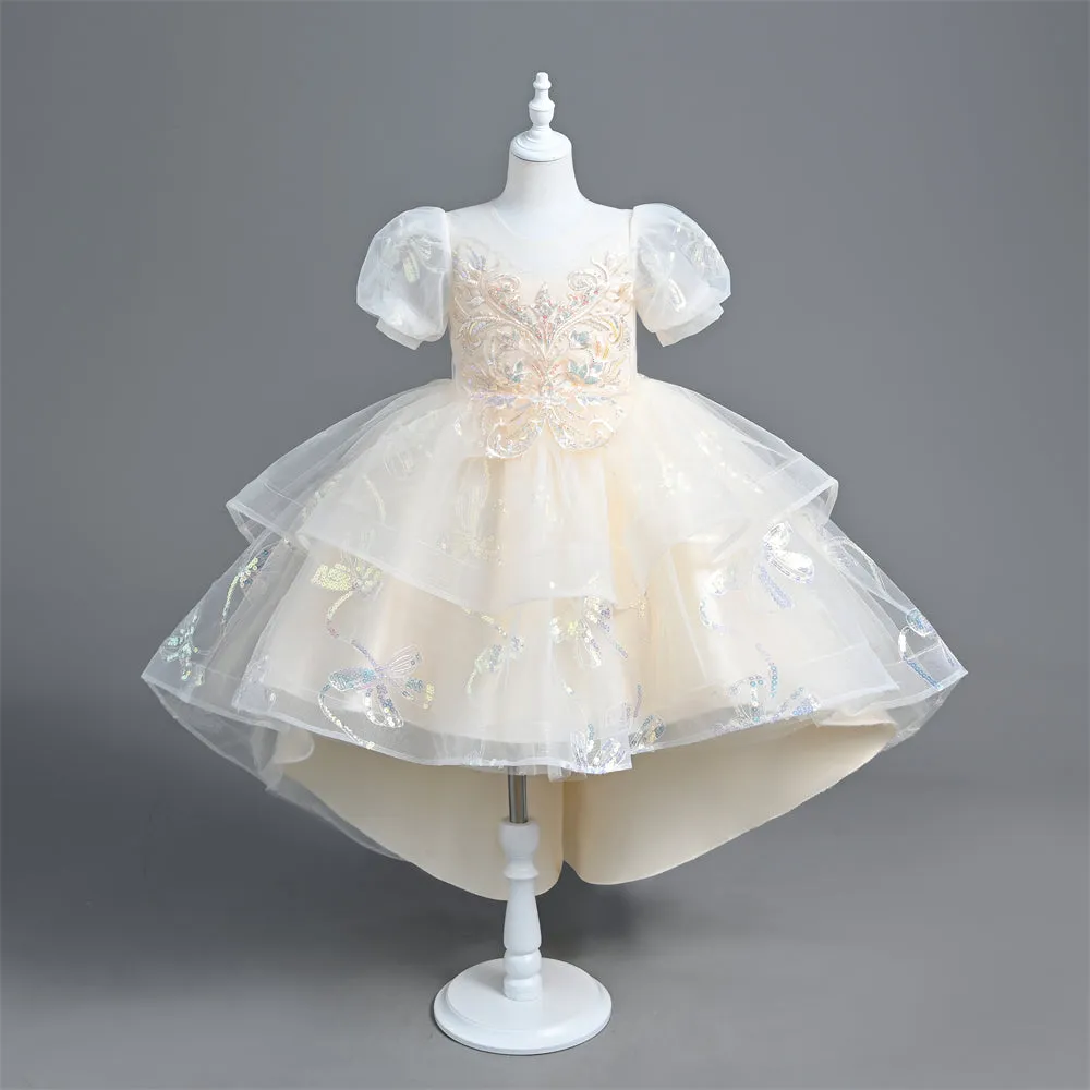 VT6006 Yoliyolei Girl Princess Dress With Trailing Saprkling Sequined Puff Sleeves Kids Part Ball Gown