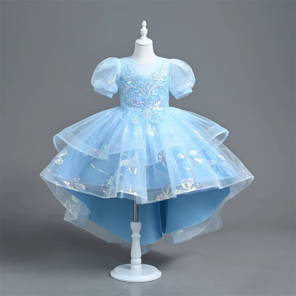 VT6006 Yoliyolei Girl Princess Dress With Trailing Saprkling Sequined Puff Sleeves Kids Part Ball Gown