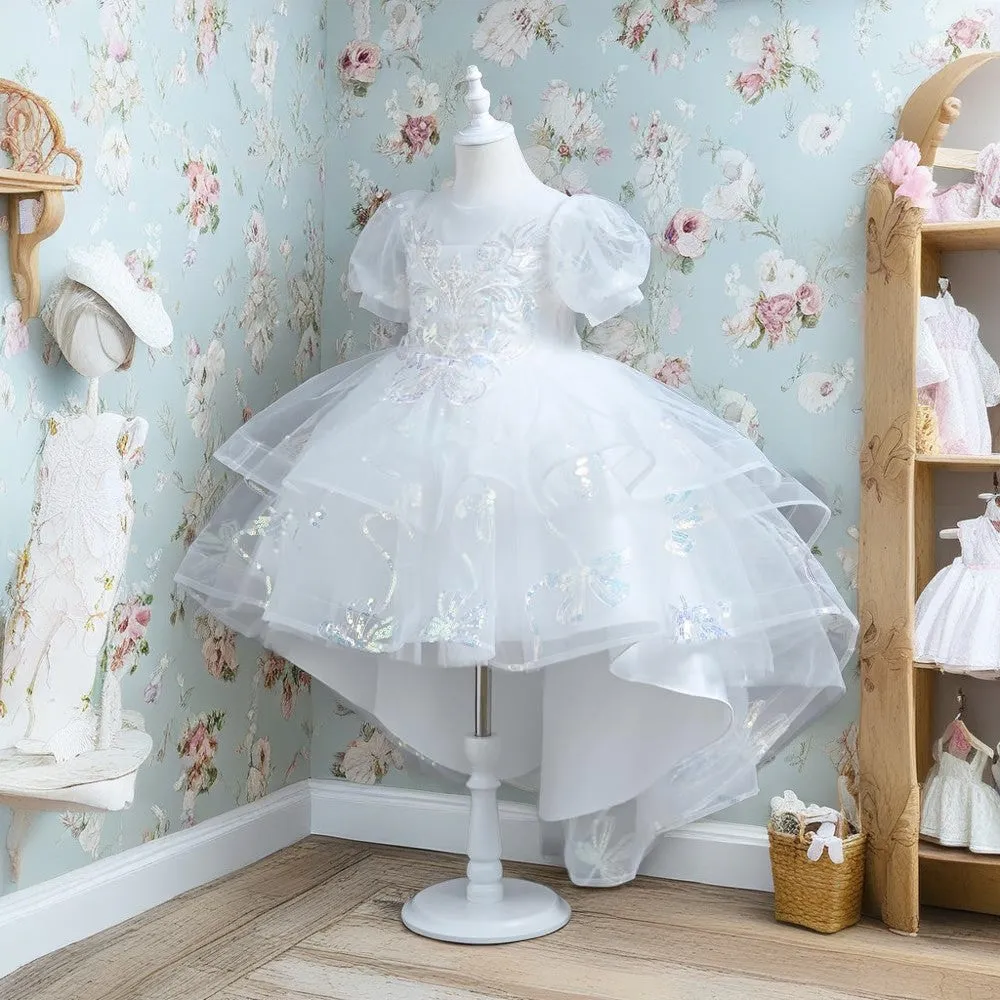 VT6006 Yoliyolei Girl Princess Dress With Trailing Saprkling Sequined Puff Sleeves Kids Part Ball Gown