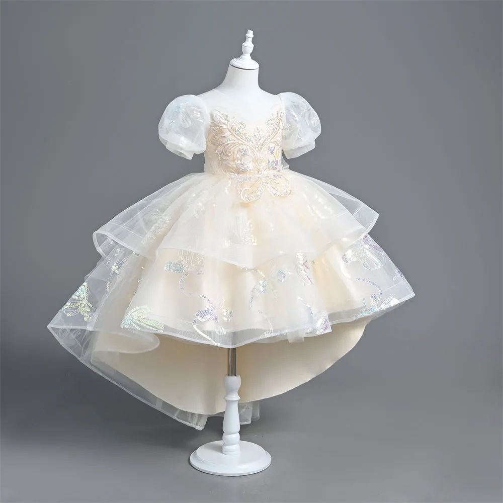 VT6006 Yoliyolei Girl Princess Dress With Trailing Saprkling Sequined Puff Sleeves Kids Part Ball Gown