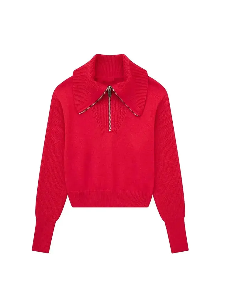 Wenkouban-Christmas Thanksgiving outfits_Cropped TurtleNeck Knitted Zipper Red Knit Top Christmas Sweater