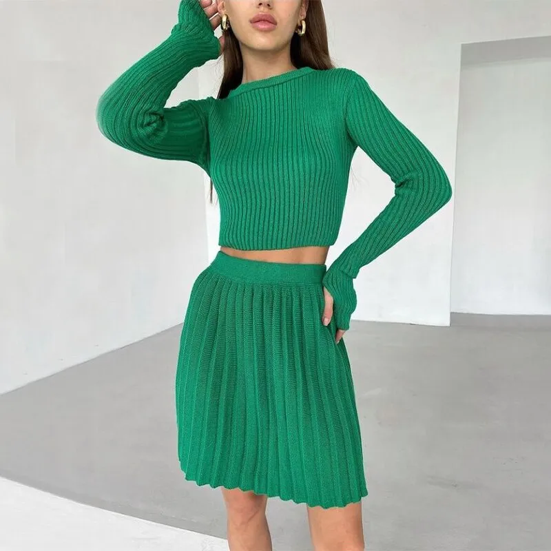 Wenkouban Knit Women's Pleated Skirt Slim Pullovers Set 2022 Autumn Buttons Long Sleeve Knitwear Mini Skirt Sets Ladies Party Tops Suits