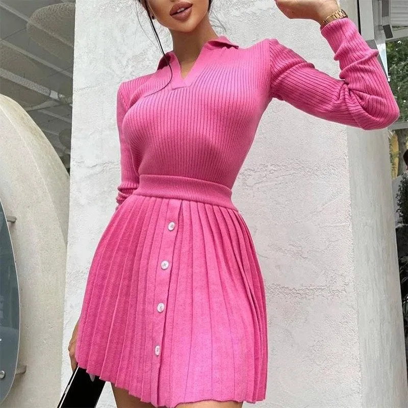 Wenkouban Knit Women's Pleated Skirt Slim Pullovers Set 2022 Autumn Buttons Long Sleeve Knitwear Mini Skirt Sets Ladies Party Tops Suits