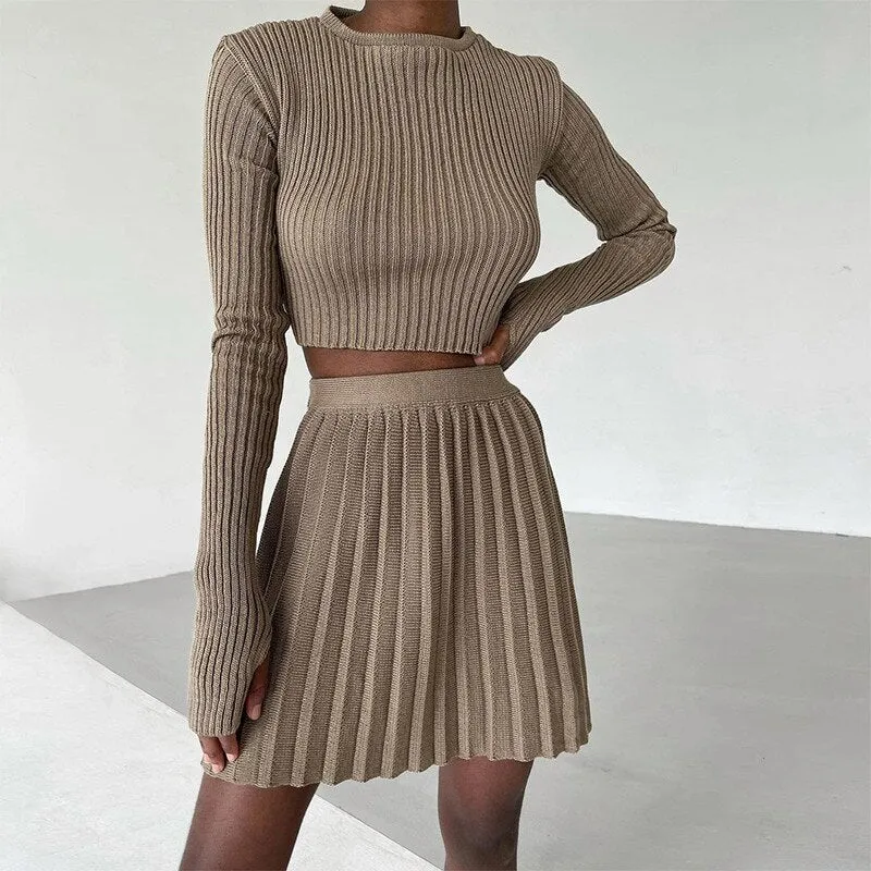 Wenkouban Knit Women's Pleated Skirt Slim Pullovers Set 2022 Autumn Buttons Long Sleeve Knitwear Mini Skirt Sets Ladies Party Tops Suits