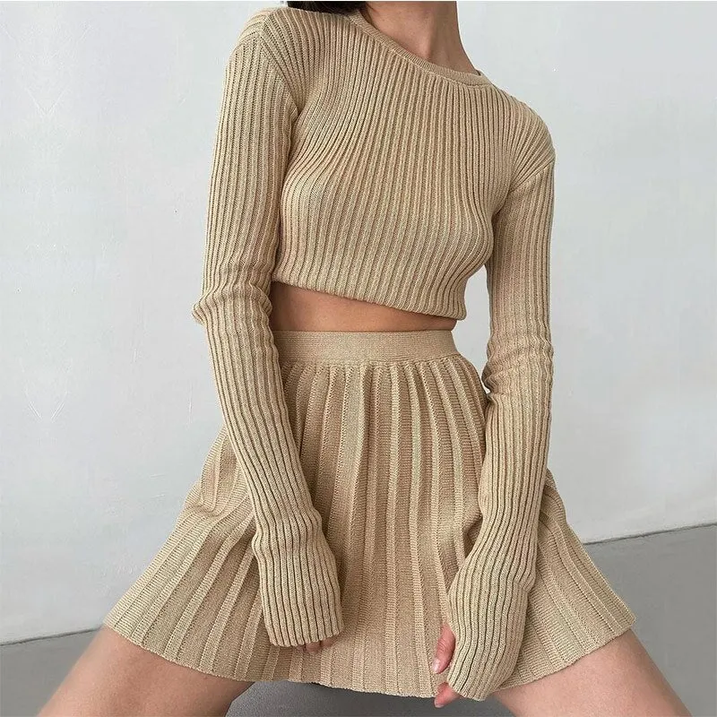 Wenkouban Knit Women's Pleated Skirt Slim Pullovers Set 2022 Autumn Buttons Long Sleeve Knitwear Mini Skirt Sets Ladies Party Tops Suits