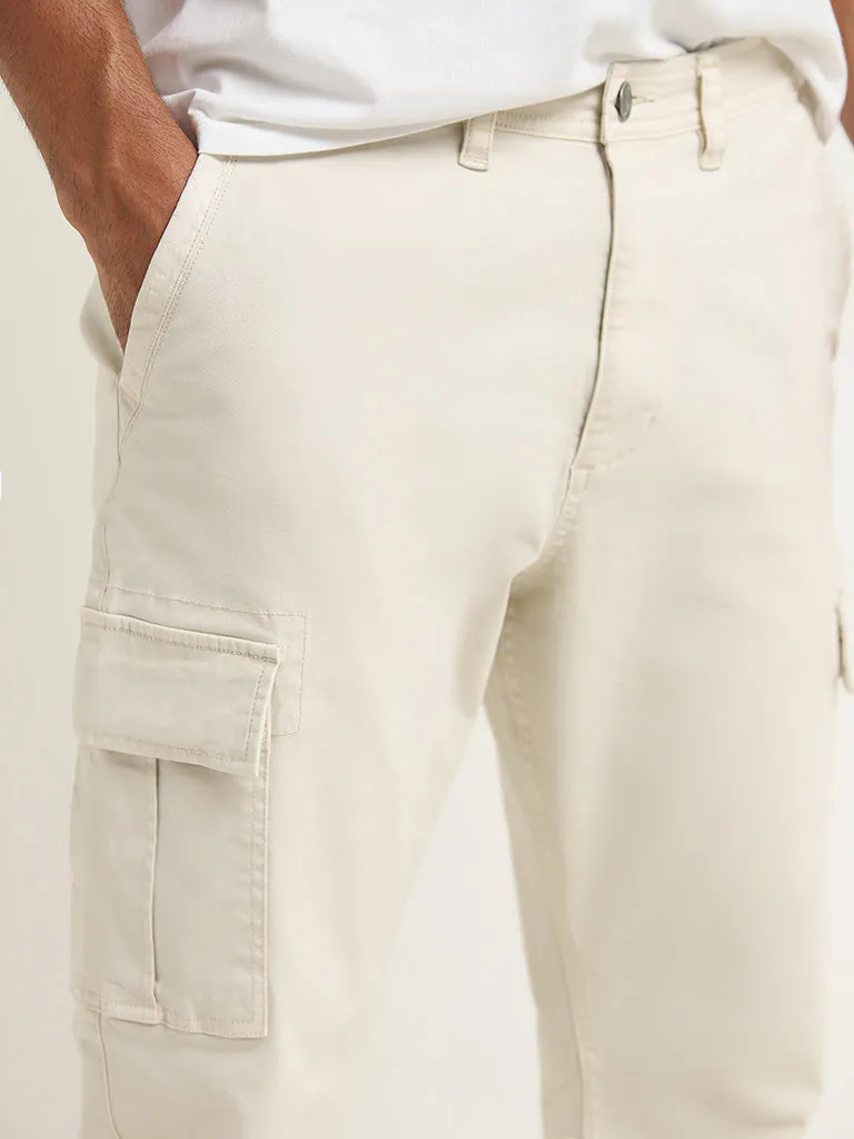 WES Casuals Off-White Cargo-Style Cotton Blend Relaxed Fit Trousers