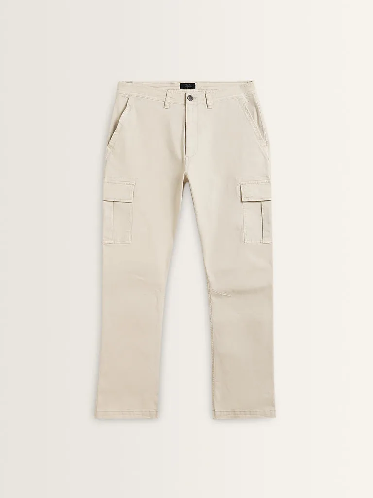 WES Casuals Off-White Cargo-Style Cotton Blend Relaxed Fit Trousers