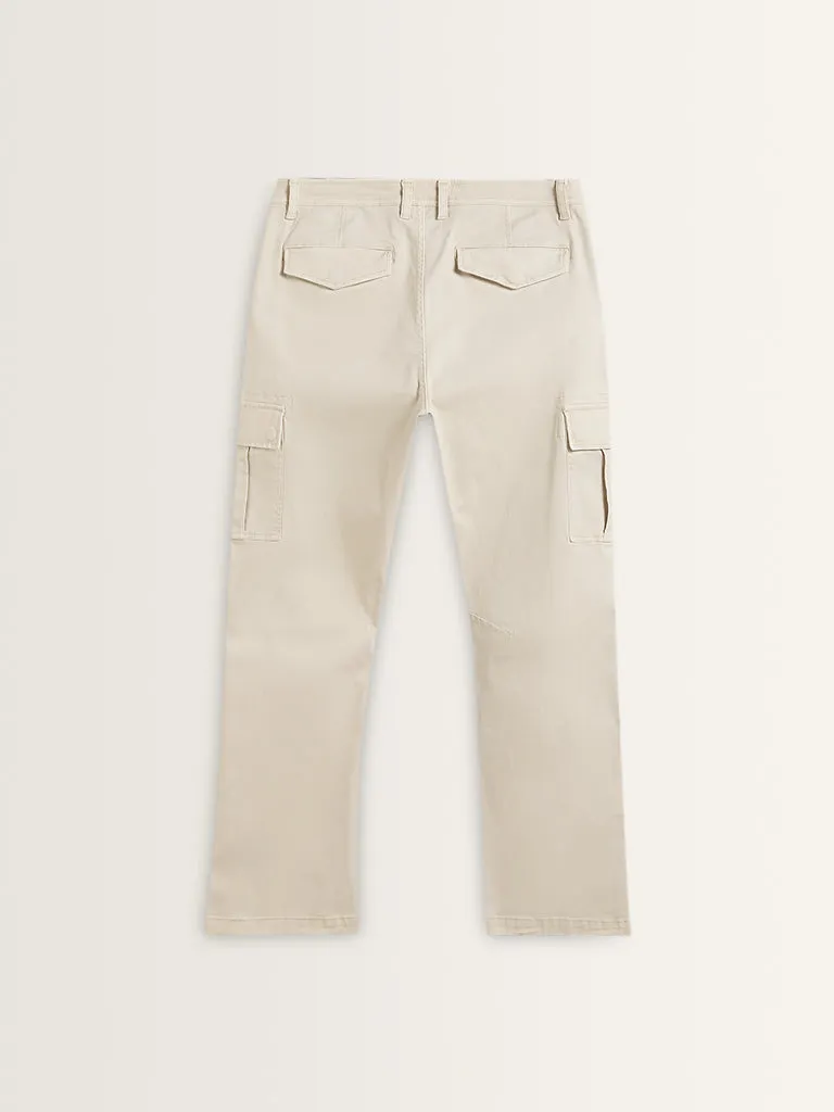 WES Casuals Off-White Cargo-Style Cotton Blend Relaxed Fit Trousers