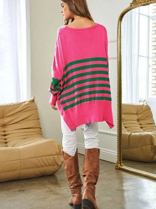 Where's Your Heart At Striped Elbow Patch Poncho Sweater Top